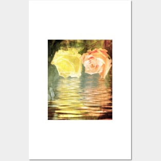 A painting of two Roses and their reflection in water with copy space. Posters and Art